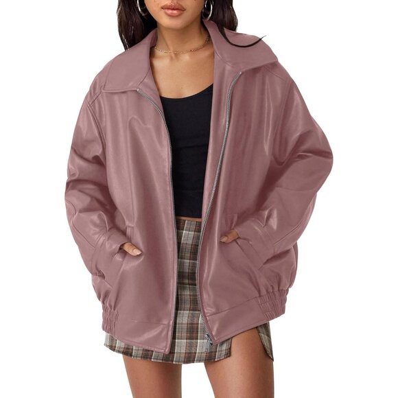 👑Women's Dark Pink Faux Leather Jacket Motorcycle Style Coat Stand-up Collar